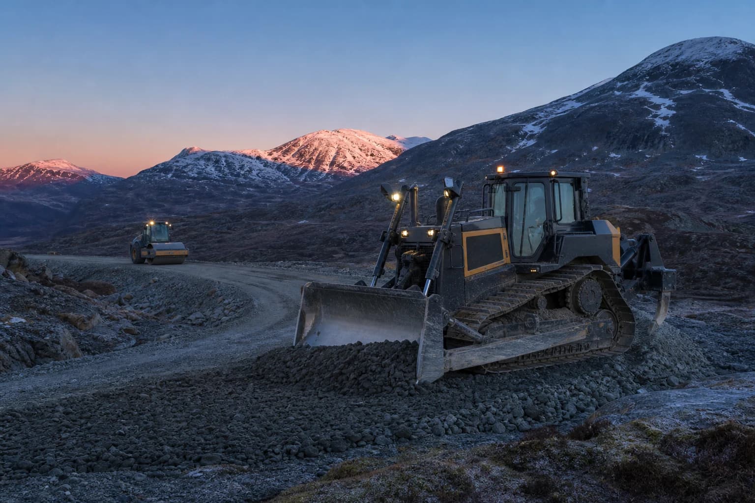Illustrasjon av bulldoser som planerer en fjellvei i tidlig morgenlys