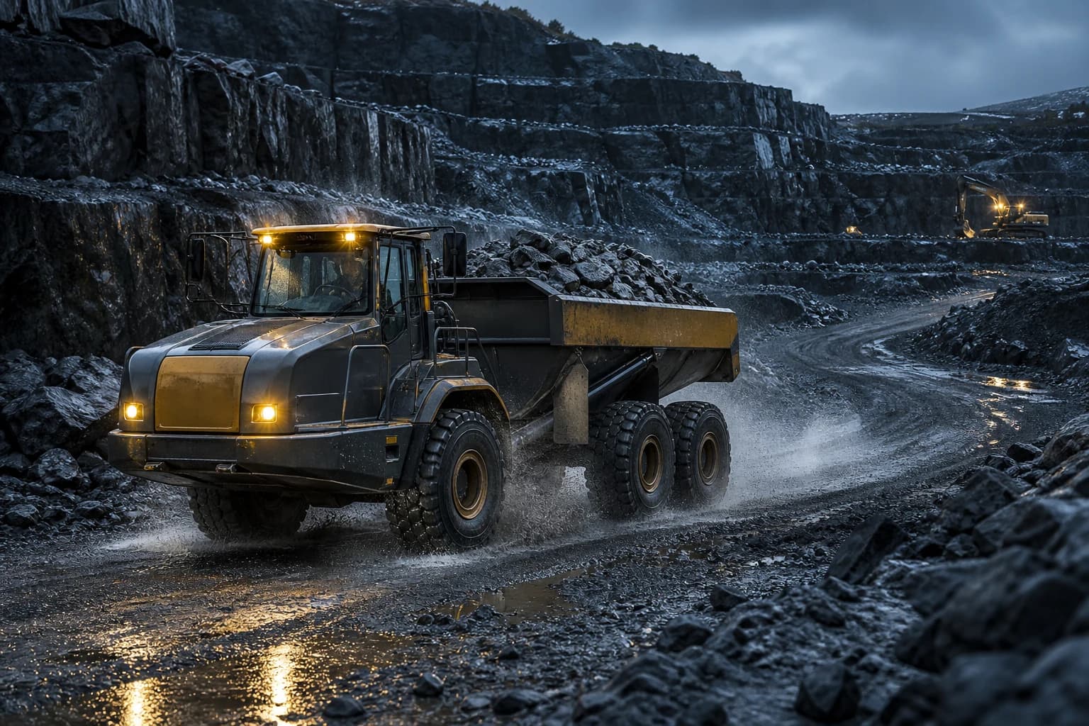 Illustrasjon av rammestyrt dumper i et vått steinbrudd