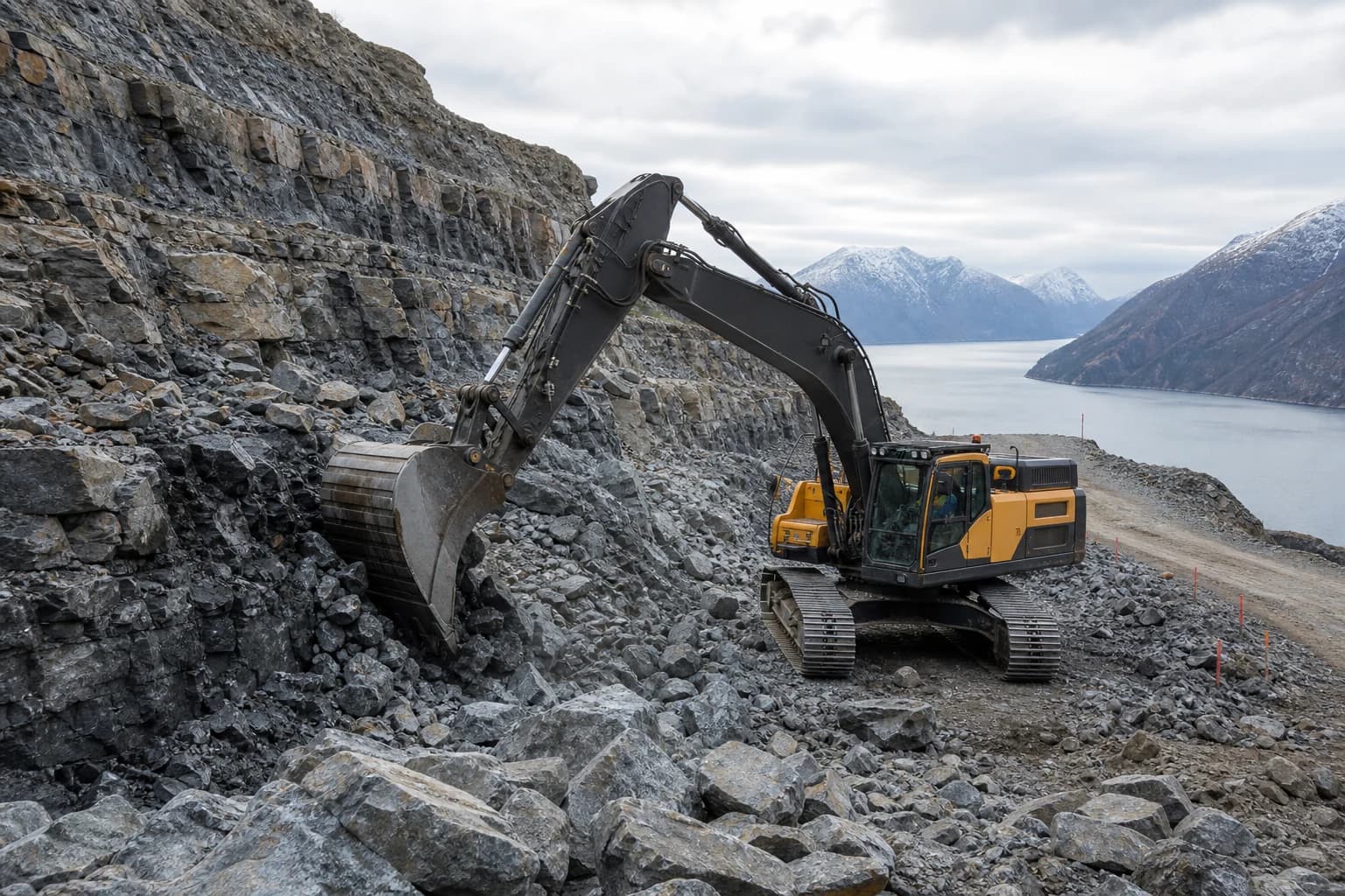 Illustrasjon av beltegraver i arbeid ved en fjellskjæring over en norsk fjord
