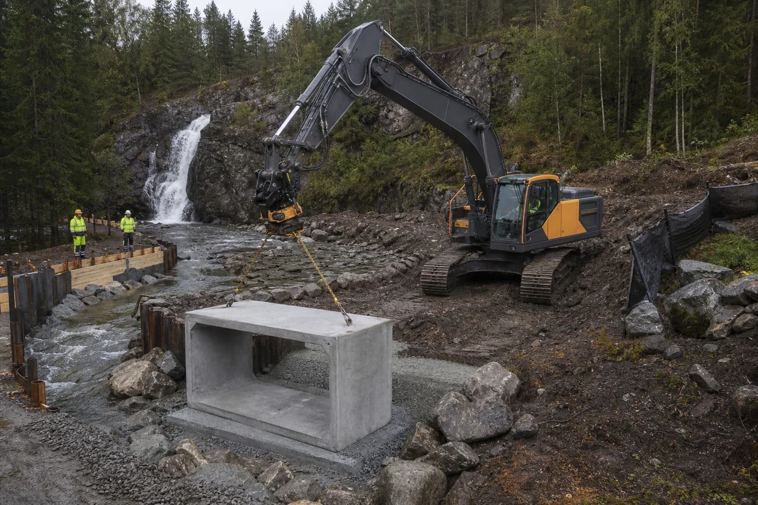 Illustrasjon av beltegraver som monterer kulvert ved et fjellvassdrag
