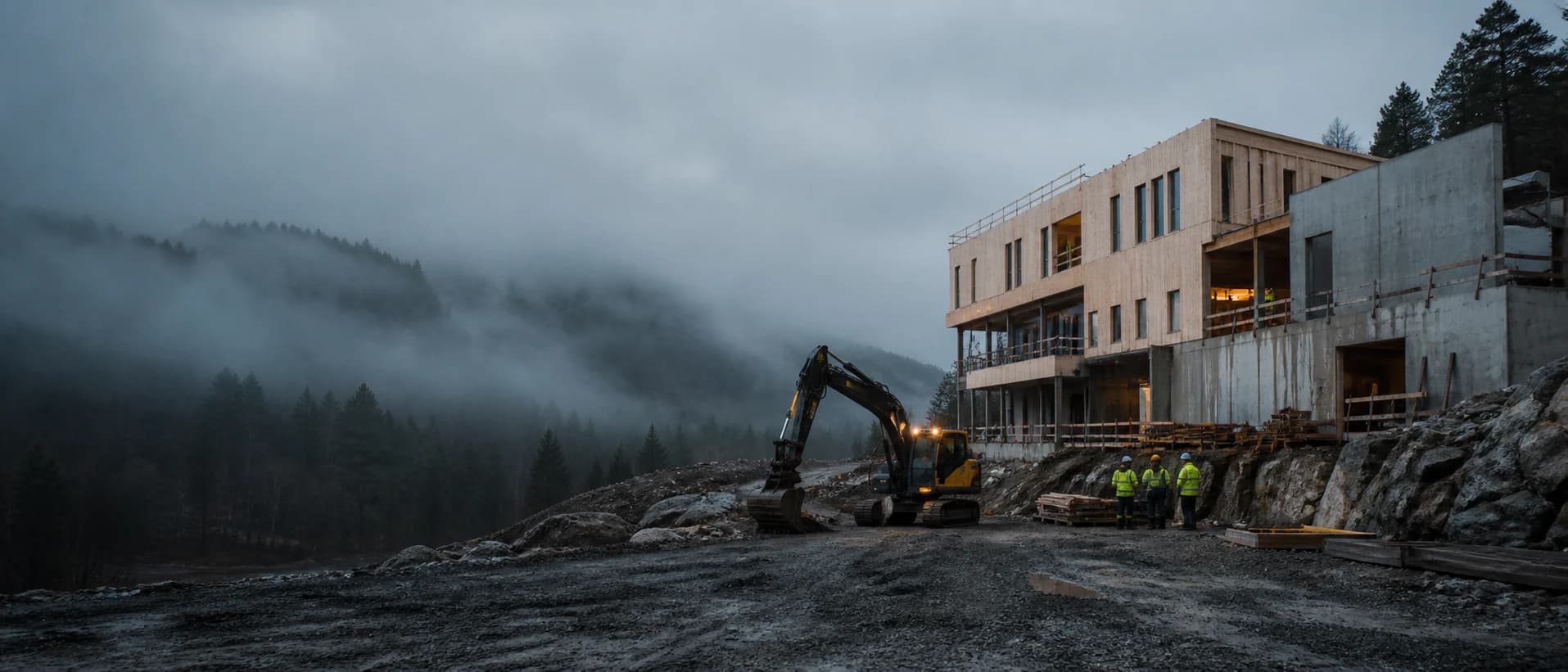 Bygg og anleggsprosjekt i et norsk fjellandskap