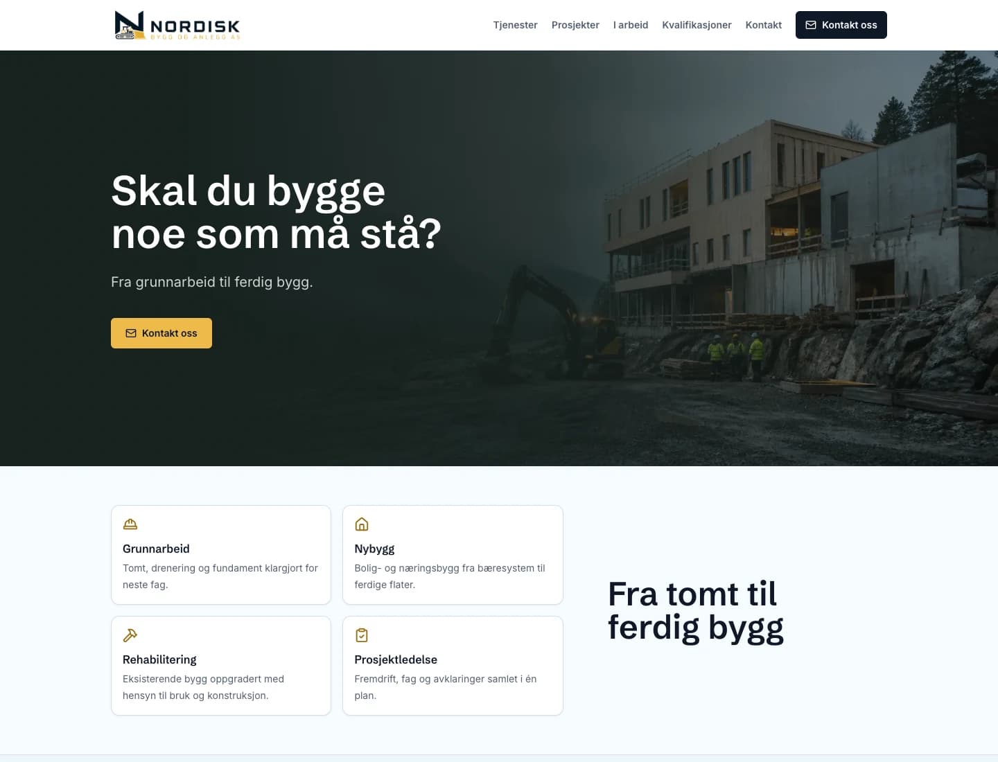 Skjermbilde av demosiden for Nordisk Bygg og Anlegg AS