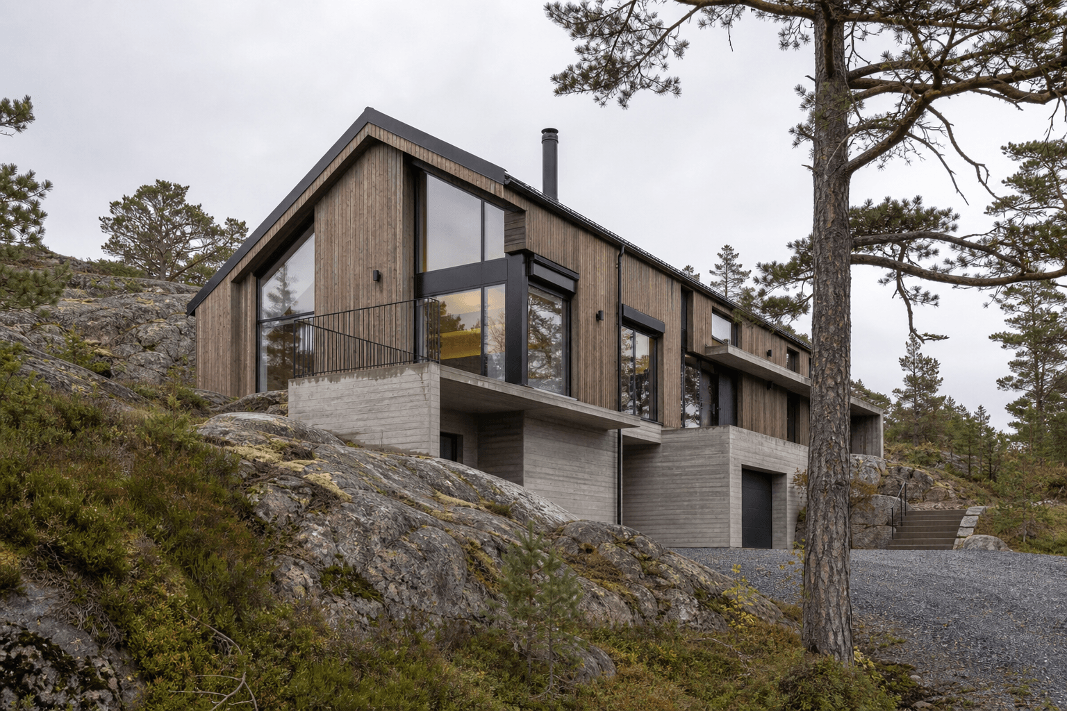 Illustrasjon av moderne tre- og betongbolig i norsk bergterreng