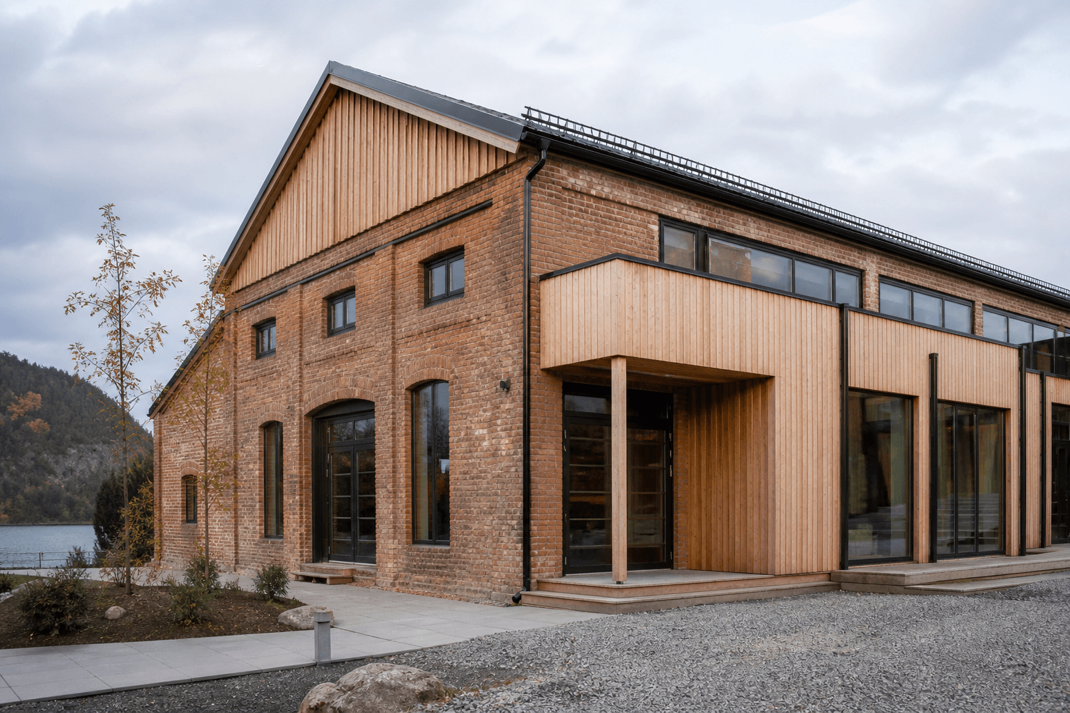 Illustrasjon av rehabilitert teglbygg med moderne tretilbygg