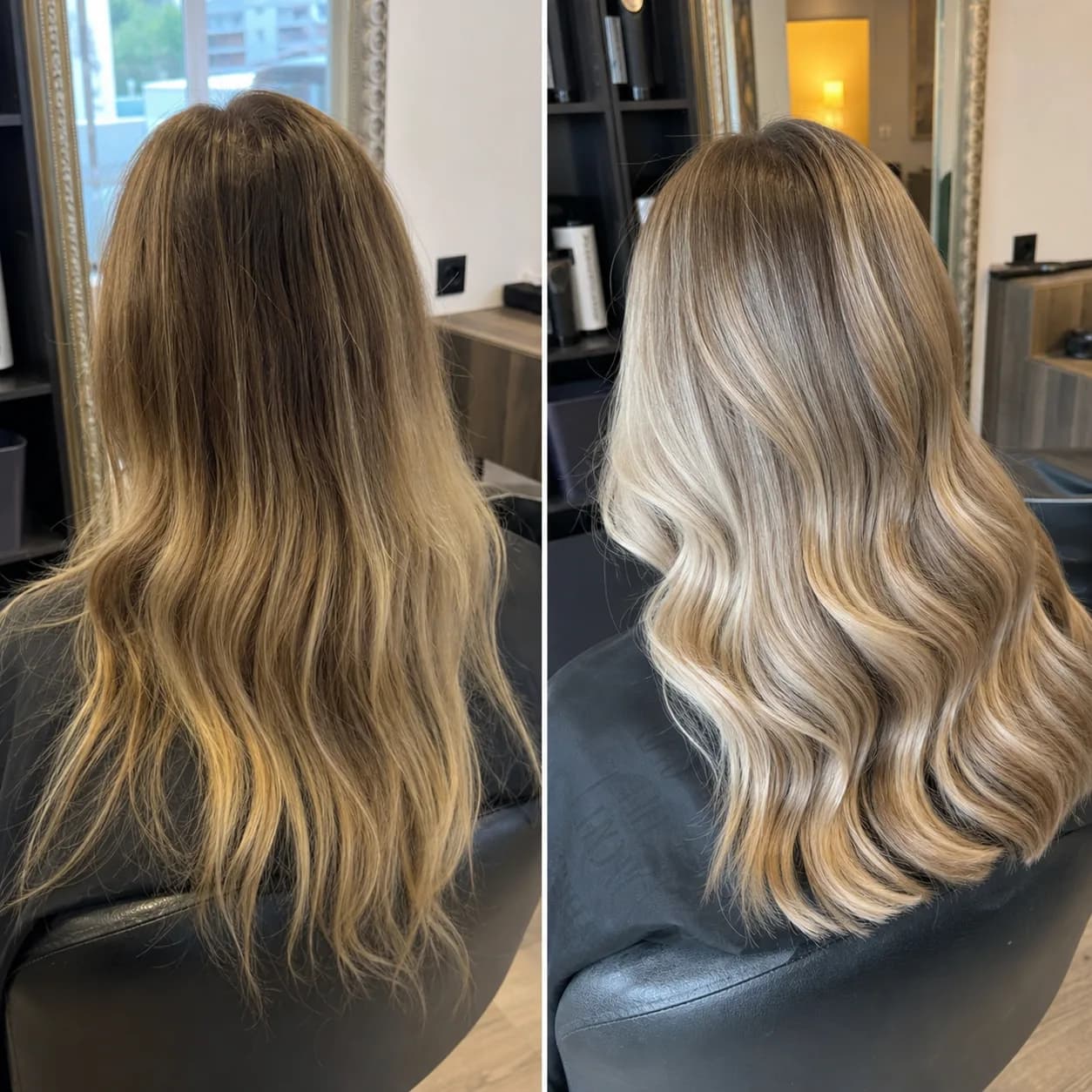Før og etter: blond balayage med myke bølger