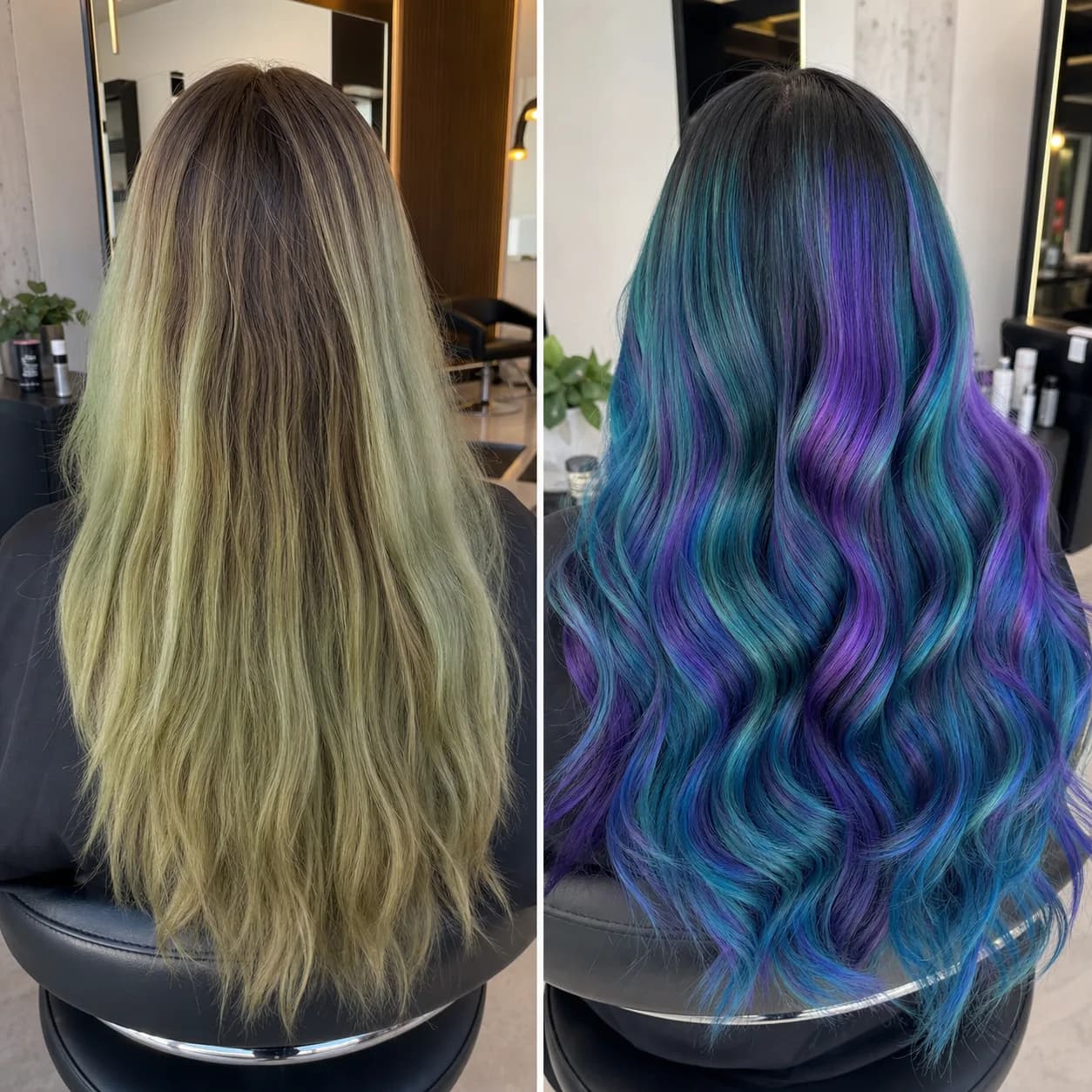 Før og etter: mermaid-hår med teal, blått og lilla