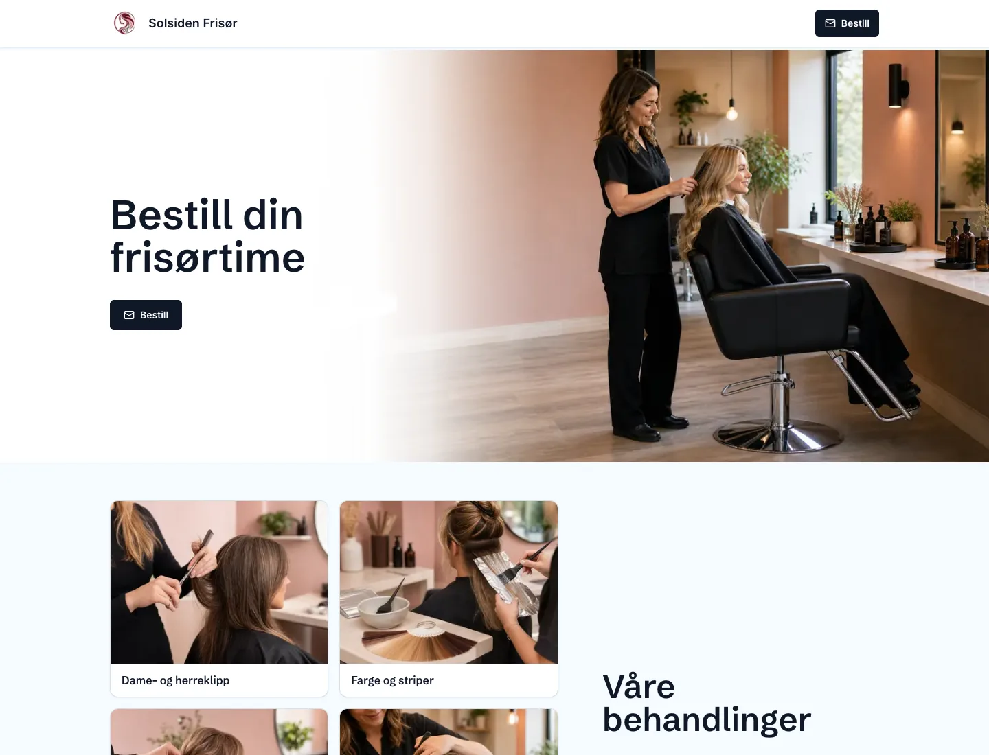 Skjermbilde av demosiden for Solsiden Frisør