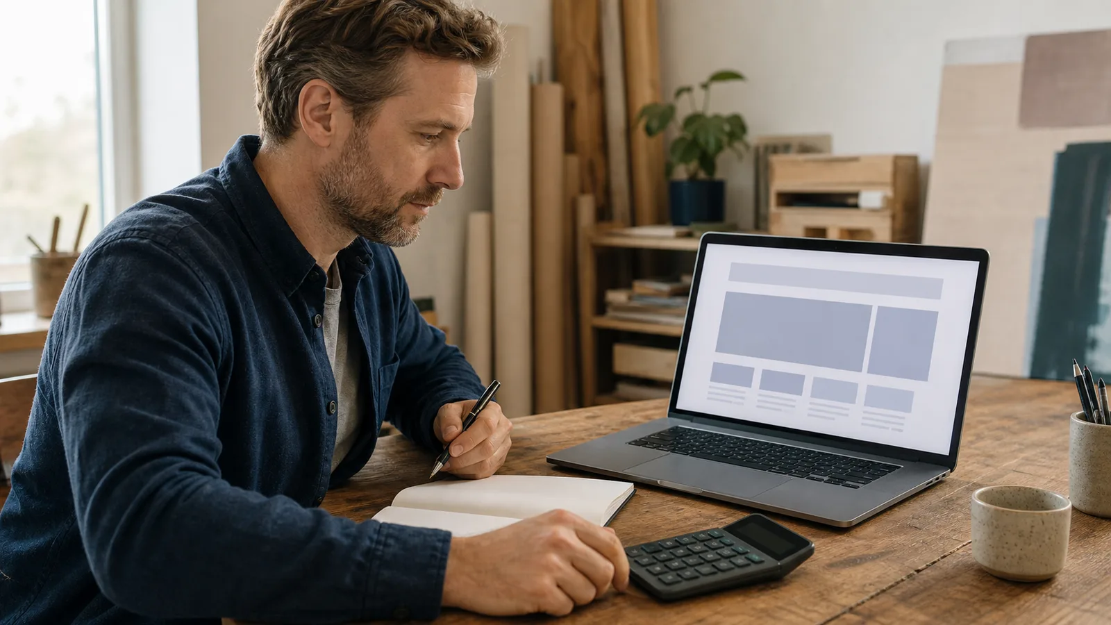 Småbedriftseier som vurderer nettsideomfang ved en laptop, notatbok og kalkulator