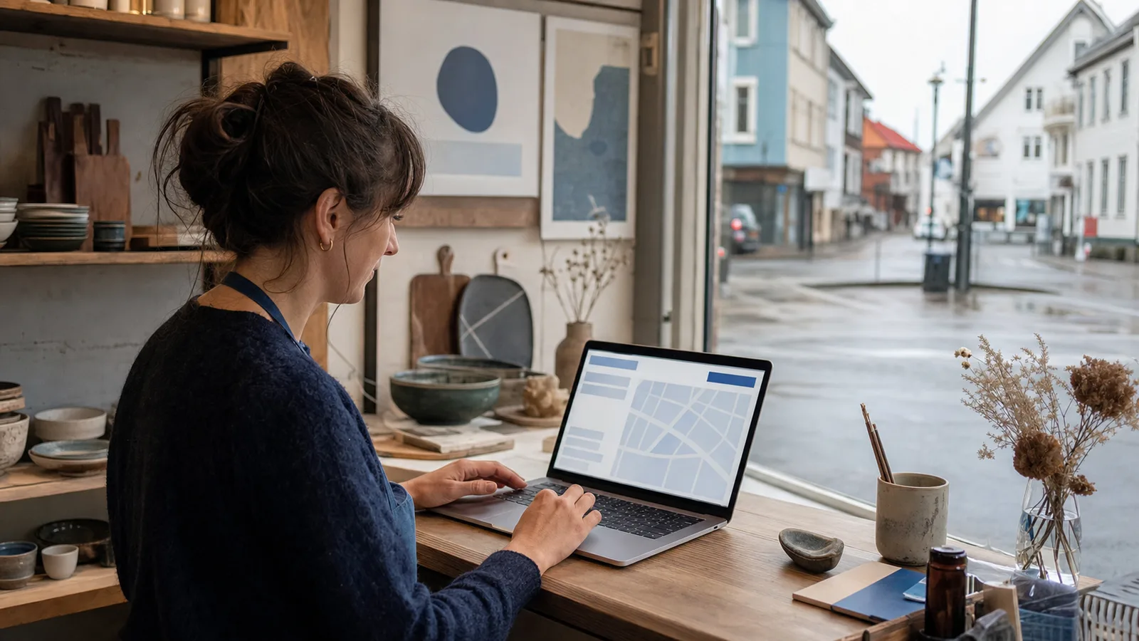 Lokal bedriftseier som oppdaterer bedriftsinformasjon på en laptop ved et butikkvindu